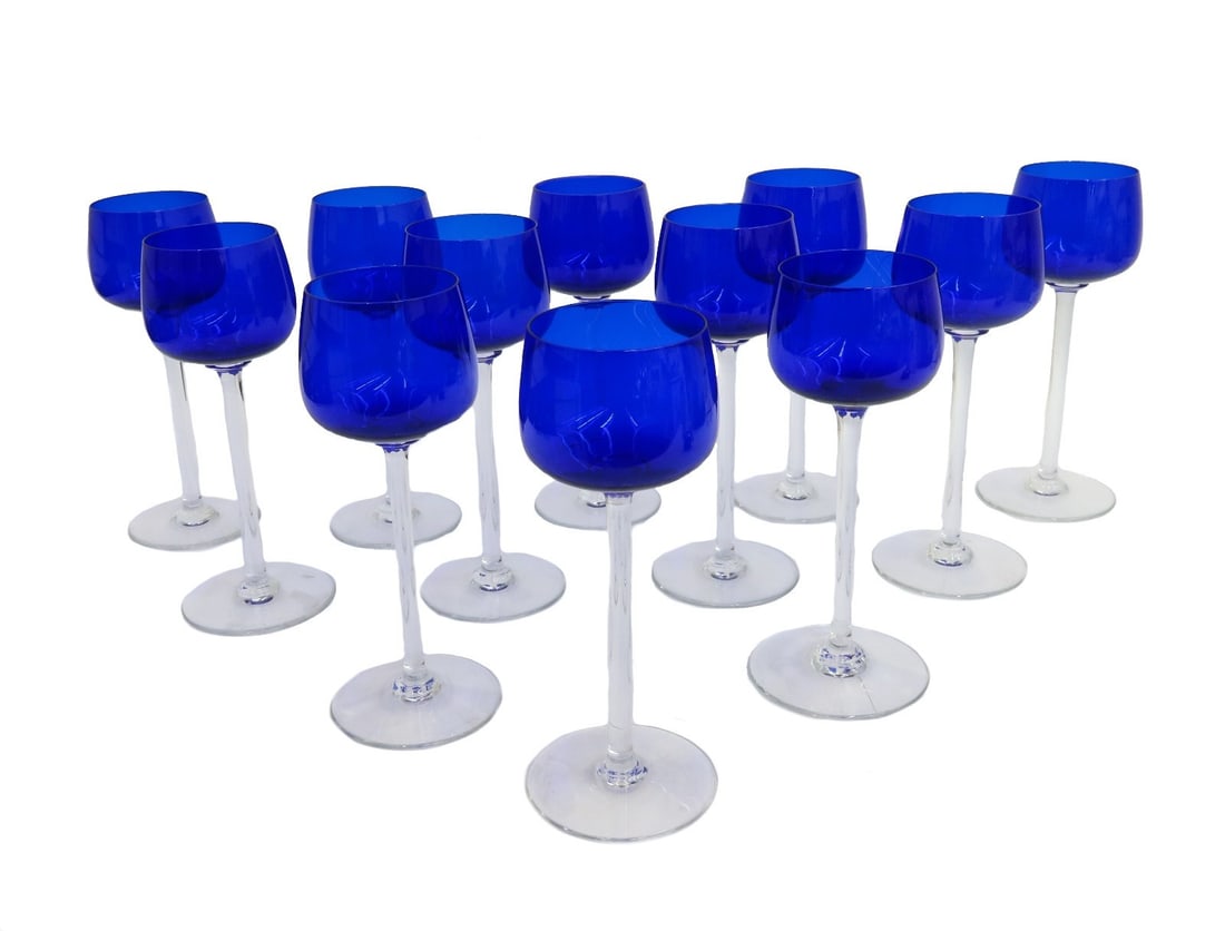 12 Baccarat France Cobalt Blue and Clear Wine Glass Goblets in BAC66 (1 of 9)