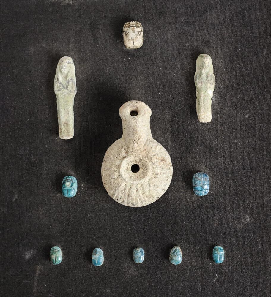 grouping of Archaic Egyptian Artifacts Faience Shabti Scarabs Pottery Oil Lamp (1 of 5)