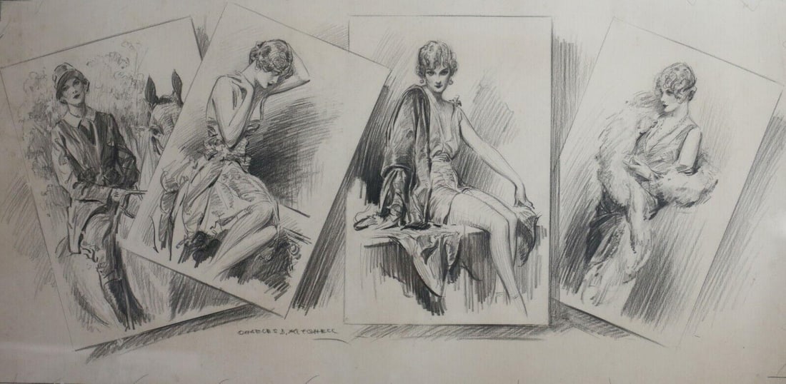 Charles Davis Mitchell (American 1887-1940) Graphite drawing Fashionable Ladies (1 of 8)