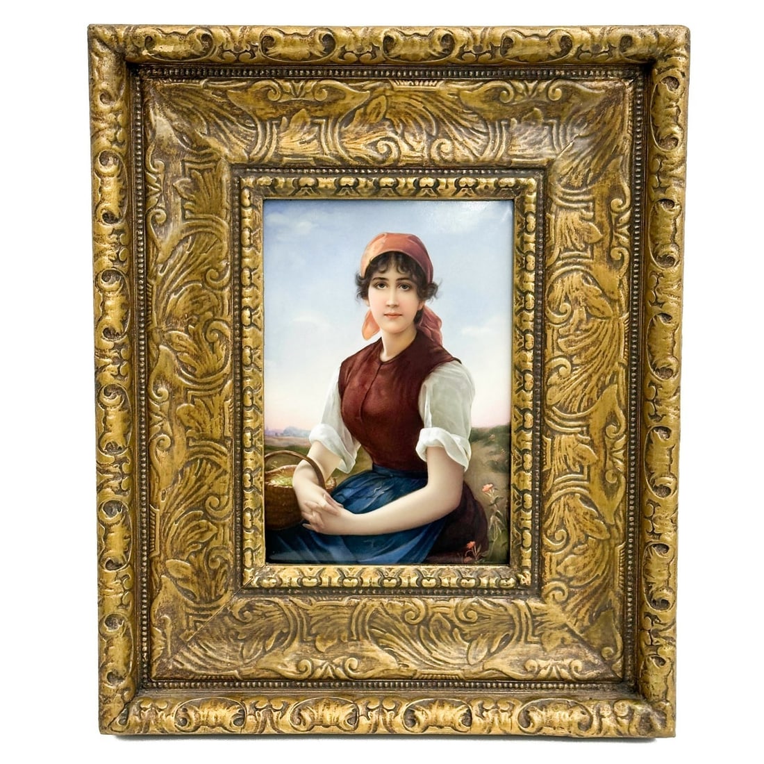 KPM Berlin Hand Painted Porcelain Portrait Plaque Heiderose Framed late 19th cen: KPM Berlin hand painted porcelain portrait plaque, late 19th century. Depicts a portrait of a woman. Impressed KPM marks to reverse, titled in pencil "Heiderose." Mounted in a gilt wood frame. Weight: