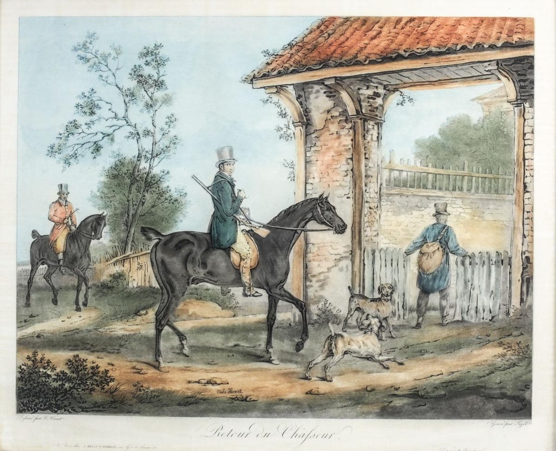 Vernet Carle (France 1758-1836) Mezzotint, Retour Du Chasseur Equestrian theme: Vernet Carle (France 1758-1836) 'Retour Du Chasseur' Mezzotint on paper. Signed in plate bottom center. Gilt Wood Frame. Carle Vernet was a French painter, the youngest child of Claude Joseph Vernet, 