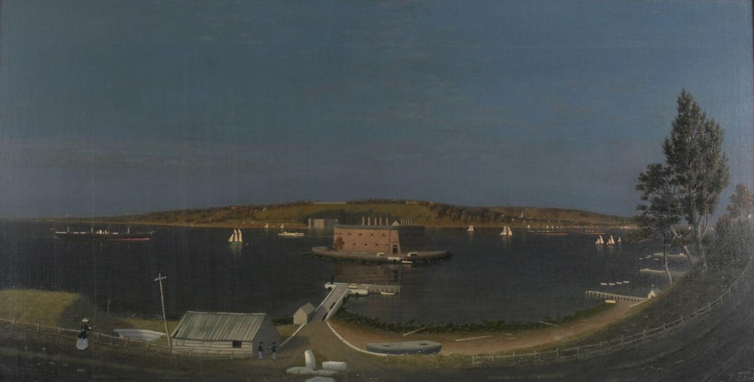 Frederick J. Sykes American 1851–1926 Oil painting Fort Lafayette at Night: Sykes, Frederick J. (English American 1851–1926) Oil on canvas painting, titled, 'The Narrows and Fort Lafayette at Night'. Signed and dated lower right 'F.J. Sykes 1885'. Described as "a combinatio