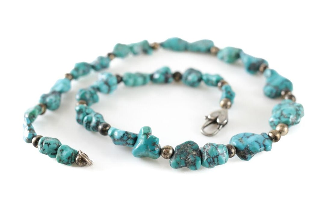Vtg Sterling Silver Turquoise Nugget Choker Necklace 16 in heart shaped closure (1 of 3)