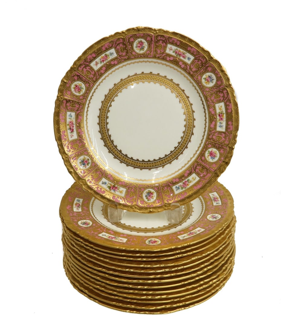 14 Royal Crown Debry England Dinner Plates Gilt and Pink Florals 1893 (1 of 9)