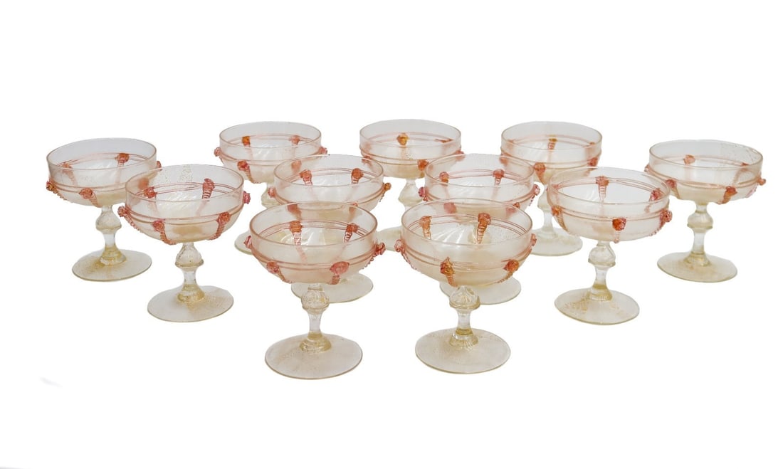 11 Salviati Cranberry Pink and Gold Fleck Champagne Saucers Goblets (1 of 5)