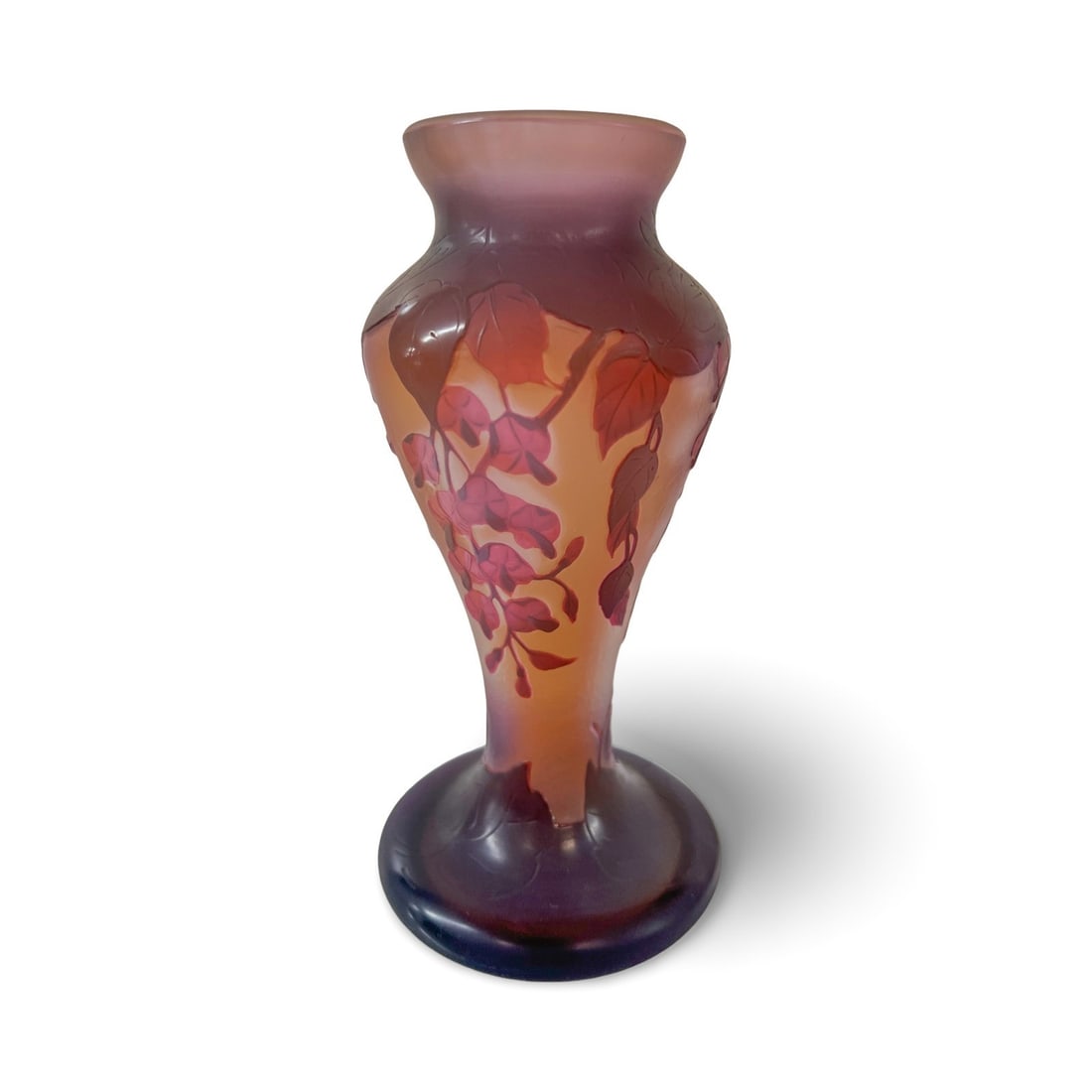 Vintage Cameo art glass Rose Bowl Vase: a vintage Cameo art glass Bud Vase, Floral Design Yellow Reds, plums. Unmarked. Measurements: Approx. 6.75 inches height x 3.375 inches diameter at base Condition: Great condition, no chips or cracks.