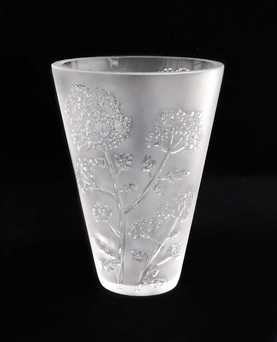 Lalique France Crystal Frosted Glass Vase in Ombelles Signed: Lalique France Crystal Glass Vase in Ombelles, Signed. Frosted with tree branches throughout. Signed Lalique France to underside. Weight: Approx. 1 lb Measurements: Approx. 4.25 inches x 3.325 inches 