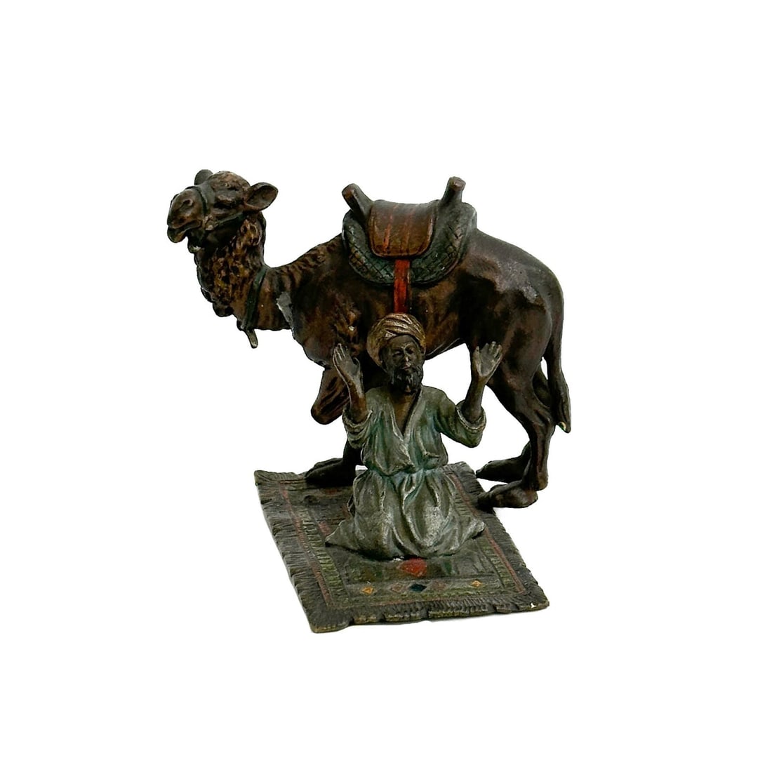 Austrian Cold Painted Bronze Figurine Man on Prayer Rug with Camel early 20th c (1 of 9)