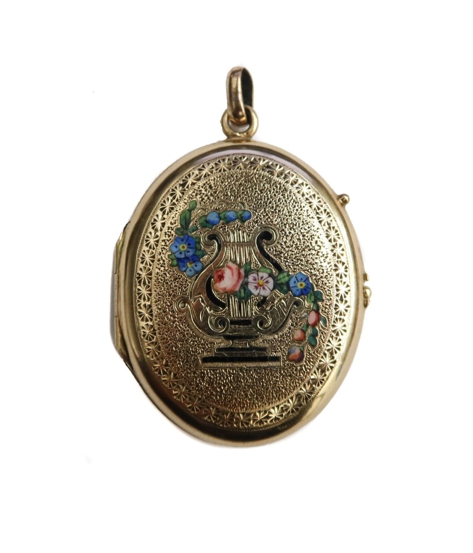 14k Yellow Gold Engine Turned Floral Enamel Harp Locket Pendant (1 of 9)