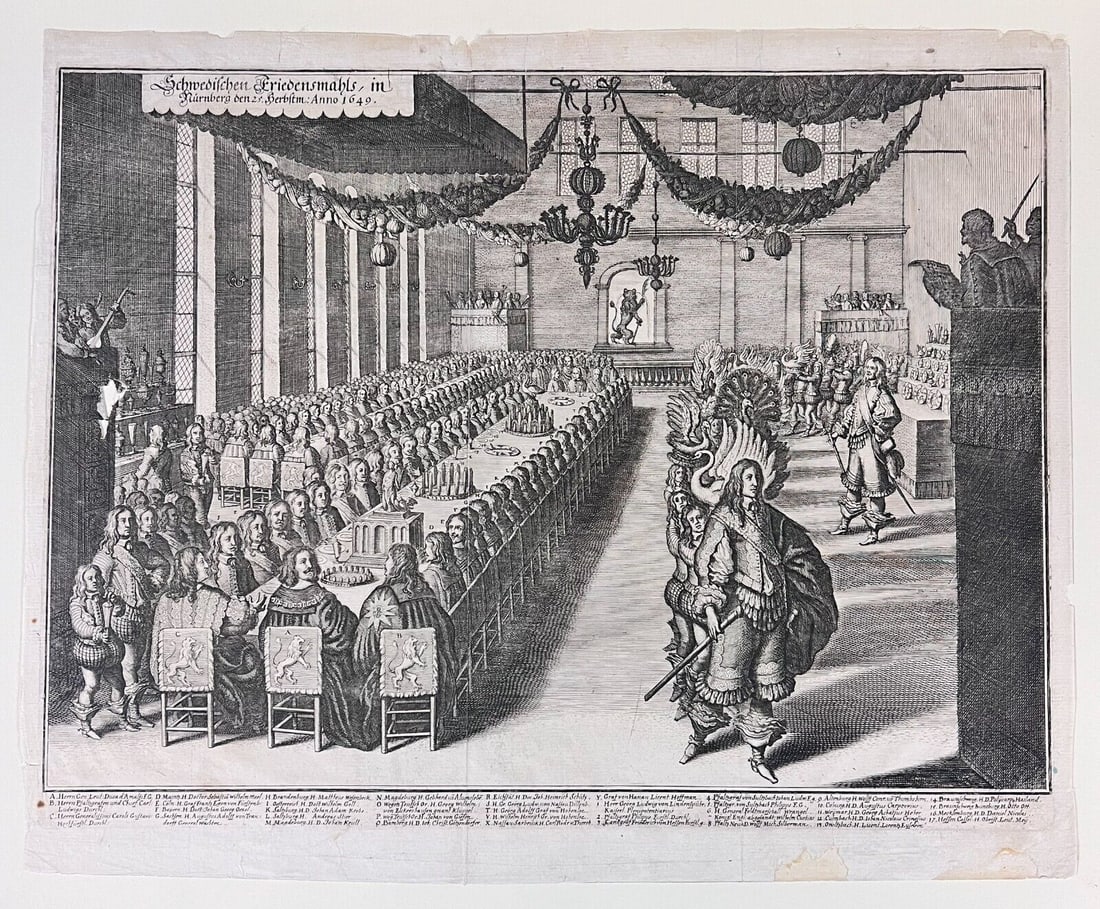 Copperplate Engraving Schwedisches Friedensmahl in Nurnberg den 25 1649: after Matthaus Merian the Elder (Swiss 1593-1650) Copperplate Engraving on laid paper, titled 'Schwedisches Friedensmahl, in Nürnberg, den 25. Herbstmonat Anno 1649,' likely after Joachim von Sandrar