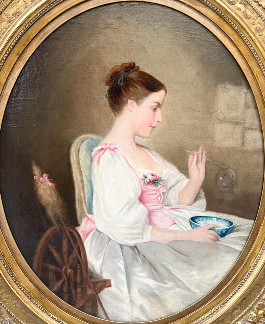 Oil Painting on Canvas Girl with Bubble 19th century Framed: Oil painting on canvas depicting a girl seated blowing bubbles. On an oval-shaped canvas, mounted in a gilt wood frame. Apparently unsigned. 19th Century (USL) Weight: Approx. 40 lbs Measurements: App