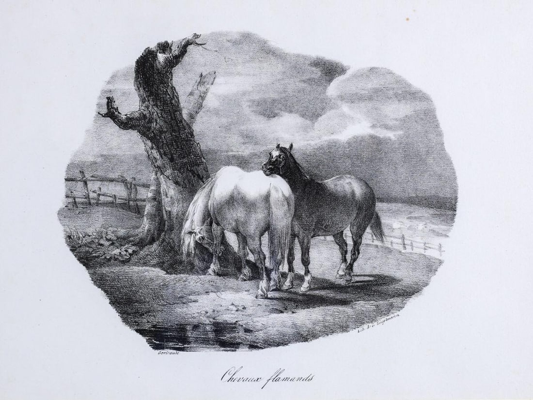 Theodore Gericault (French 1791-1824) Lithograph Chevaux Flamands 1822: Gericault, Theodore (French 1791-1824) "Chevaux Flamands" 1822. Black and white Lithograph on paper. Bottom left hand corner with "Gericault" in plate. Bottom right hand corner "lihi de & Engelman". G