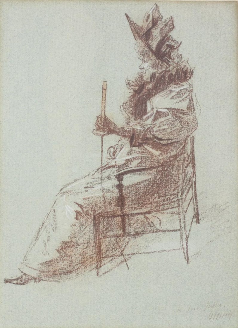 Jules Cheret (French, 1836-1932) Crayon Drawing on Paper, Elégante Assise: Chéret, Jules (French, 1836-1932) French Crayon Drawing on paper, Elégante assise, Burned sanguine on light blue toned paper. Signed and captioned lower right. Framed and matted in a cloth mat and c