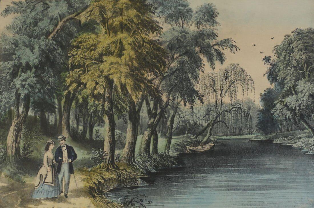 Currier & Ives Colored Lithograph On the Owago: Currier & Ives Hand Colored Lithograph, On the Owago. Published by Currier & Ives 152 Nassau St. New York. Based in New York City from 1834 to 1907, the prolific firm produced prints from paintings by