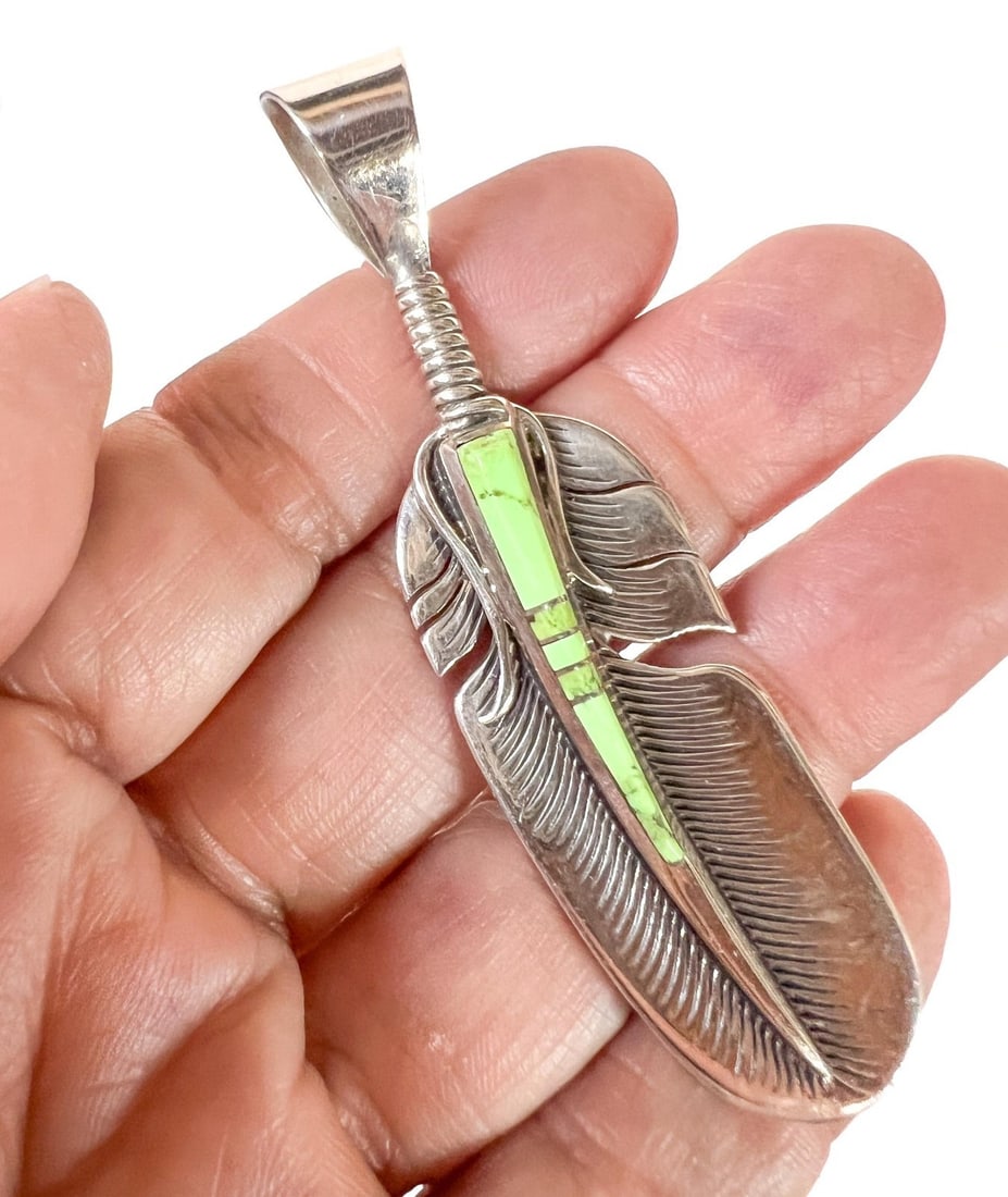 Vintage Christin Wolf Southwest Sterling Silver Turquoise Feather Pendant (1 of 6)