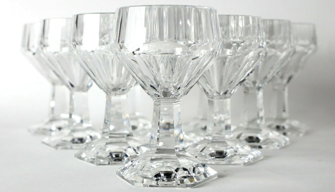 10pc Val St Lambert GARDENIA White Wine Glasses Cut Crystal Multisided foot (1 of 8)