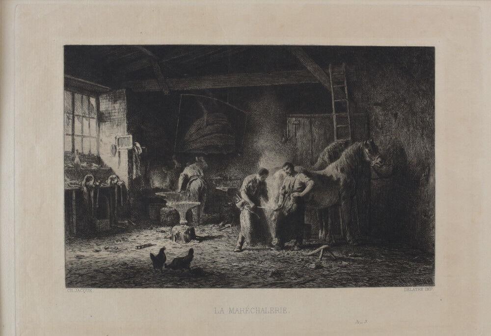 Charles Emile Jacque (French 1813-1894) Etching on laid paper, "La Marechalerie" (1 of 3)