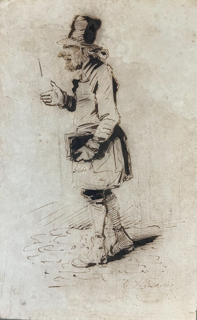 Charles Joseph Travies Pen & Ink drawing man with top hat 19th Century (1 of 7)
