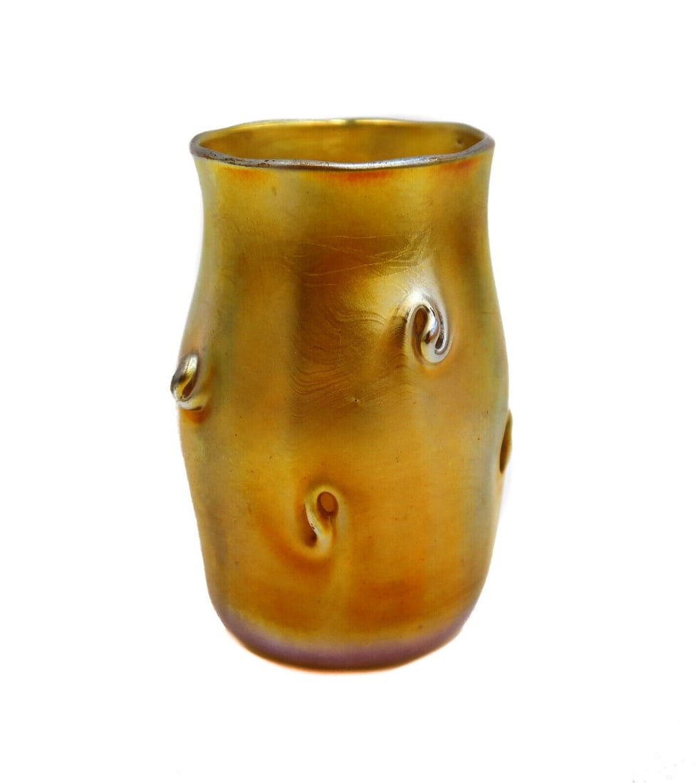 LCT Tiffany Art Glass Gold Favrile Miniature Vase Twisted Prunts #6255W c1900: L.C.T. Louis Comfort Tiffany art glass gold favrile miniature vase #Y502, circa 1900. Gold favrile with twisted prunts to exterior. Underside marked LCT #6155W Weight: Approx.0.5 lb Measurements: Appr