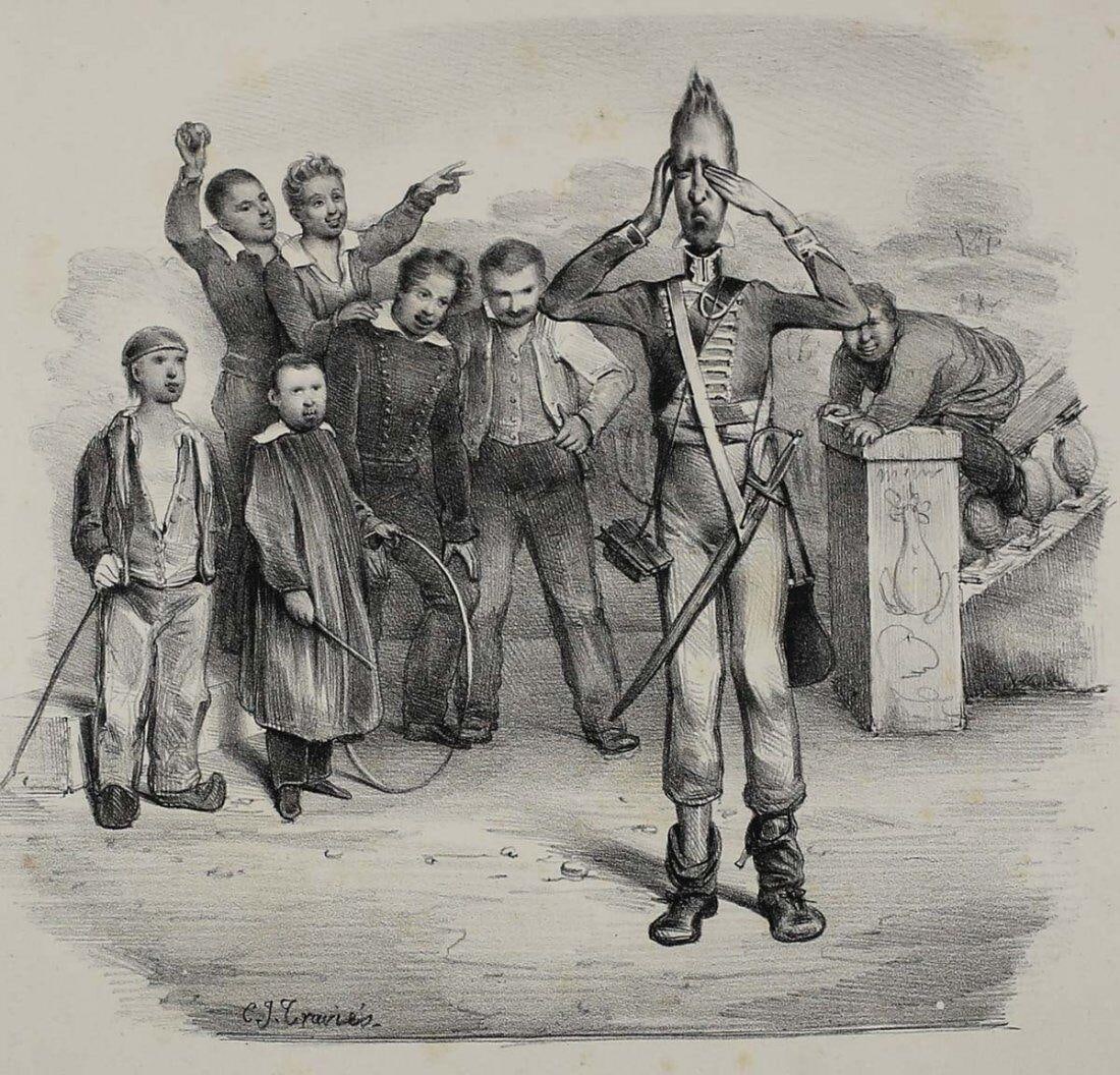 Charles Joseph Travies Swiss 1804 – 1859 Lithograph La Caricature No. 168: Travies, Charles Joseph (Swiss, 1804 – 1859) Black and White Lithograph on wove paper. From La Caricature #84, Plate No. 168. "Je n' veux pas qu'on m' appelle poulot, moi!" Signed 'CJ Travies' in st