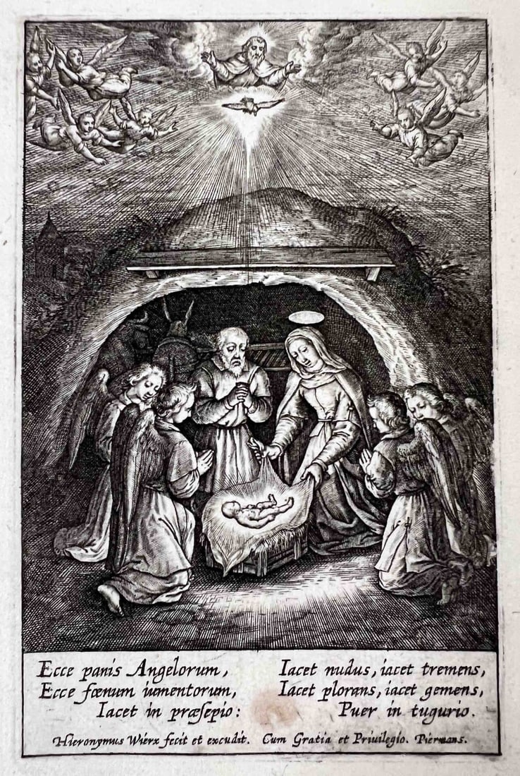 Hieronymus Wierix Engraving The Nativity c1619: Hieronymus (Jerome) Wierix (Flemish 1553–1619) Engraving on laid paper, The Nativity, c1619. Captioned - Eccepanis Angelorum Ecce foenum inmentorum, Iacet in praesepio, iacet nudus, iacet tremens, i