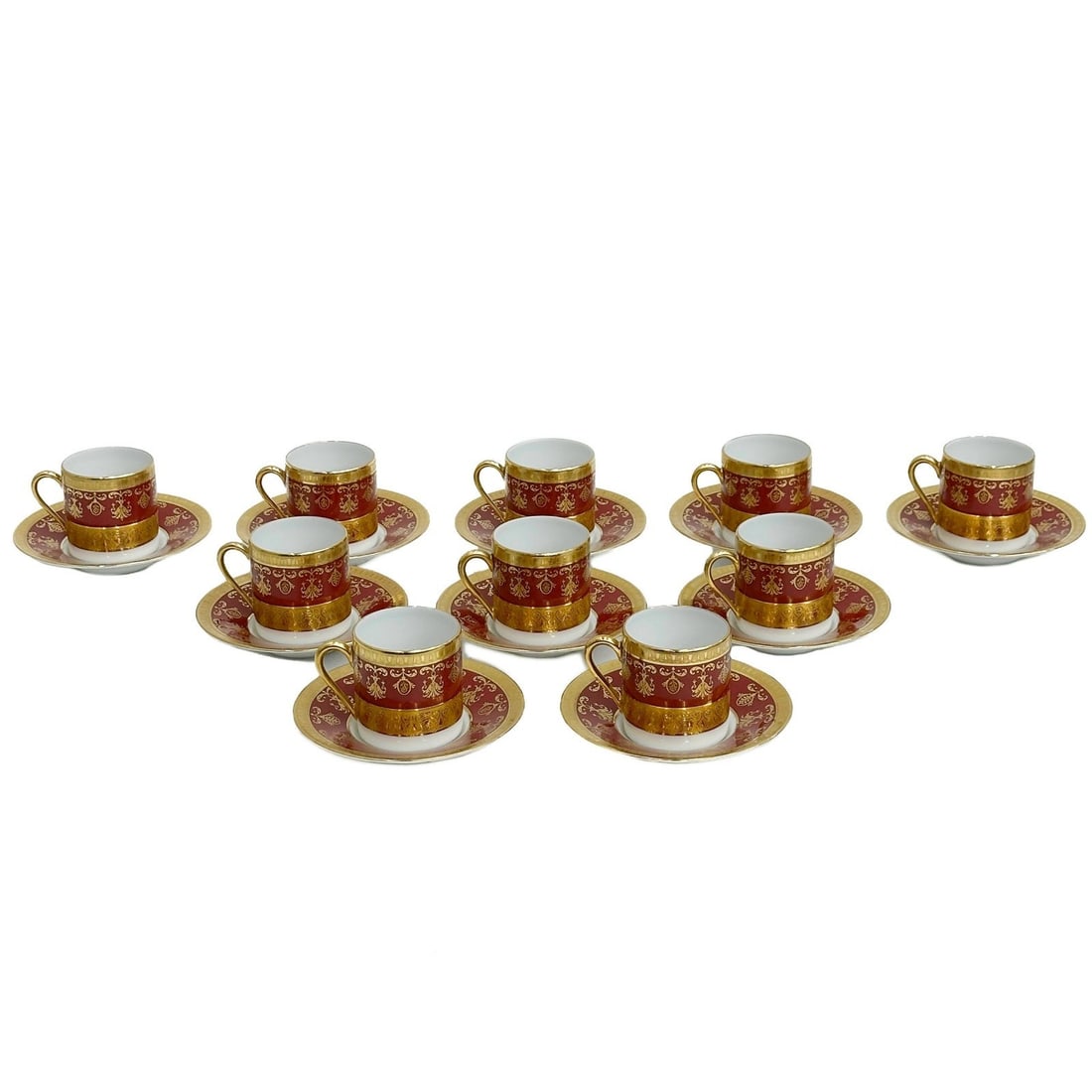 10 Raynaud Limoges France Gilt Porcelain Demitasse Cup & Saucers Eugenie Rouge: 10 Raynaud Limoges France Gilt Porcelain Demitasse Coffee Cup & Saucers in Eugenie Rouge. A burgundy red band with ornate gilt decoration, raised accents. Underside marked Raynaud Limoges "Eugenie"Fro