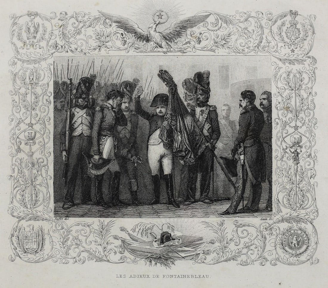 Denis August Raffet 1804-1860 Engraving Print Les Adieux de Fontainebleau: Raffet, Denis August (French, 1804-1860) Engraving 'Les Adieux de Fontainebleau" Farewell of Napoleon I to the Imperial Guard at Fontainebleau. Framed with fabric mat. 1.25lbs Raffet's chief works wer