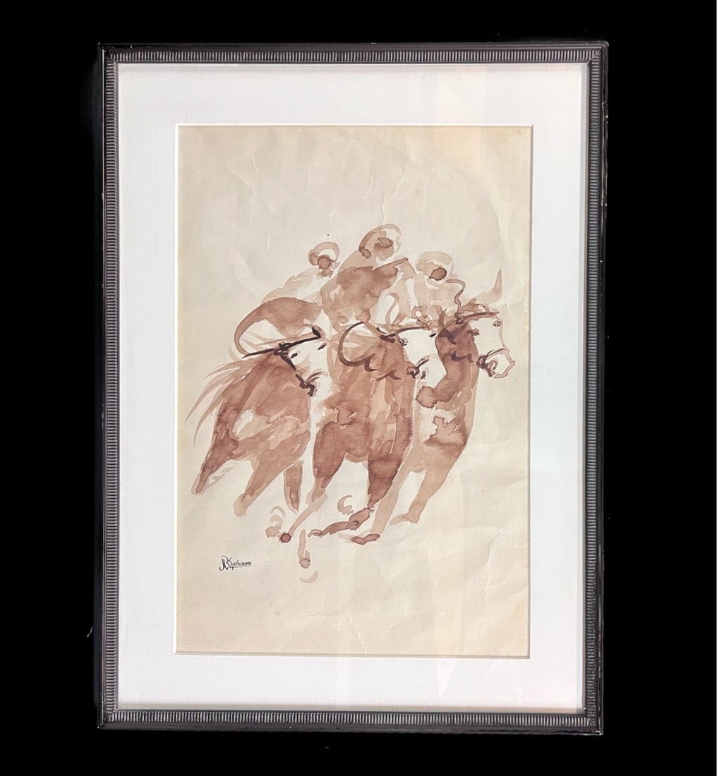 JG Barhoumi Watercolor painting arabian horse race: JG Barhoumi 20th Century, Watercolor painting on paper, Horse race, with what appears to be possibly in the Middle East, on arabian horses. Signed lower left. Wood frame and glazed. 4lbs. (WSL) Measur