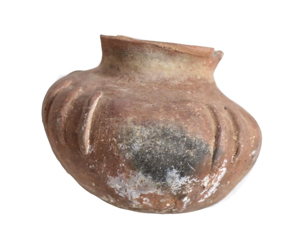 Pre Columbian Pottery Squat Form Vessel. Raised stripes. Reddish colored ground. (1 of 3)
