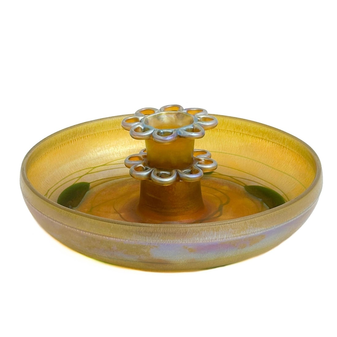 LCT Tiffany Favrile Iridescent Glass Bowl Leaf & Vine Flower Frog 1518N (1 of 11)