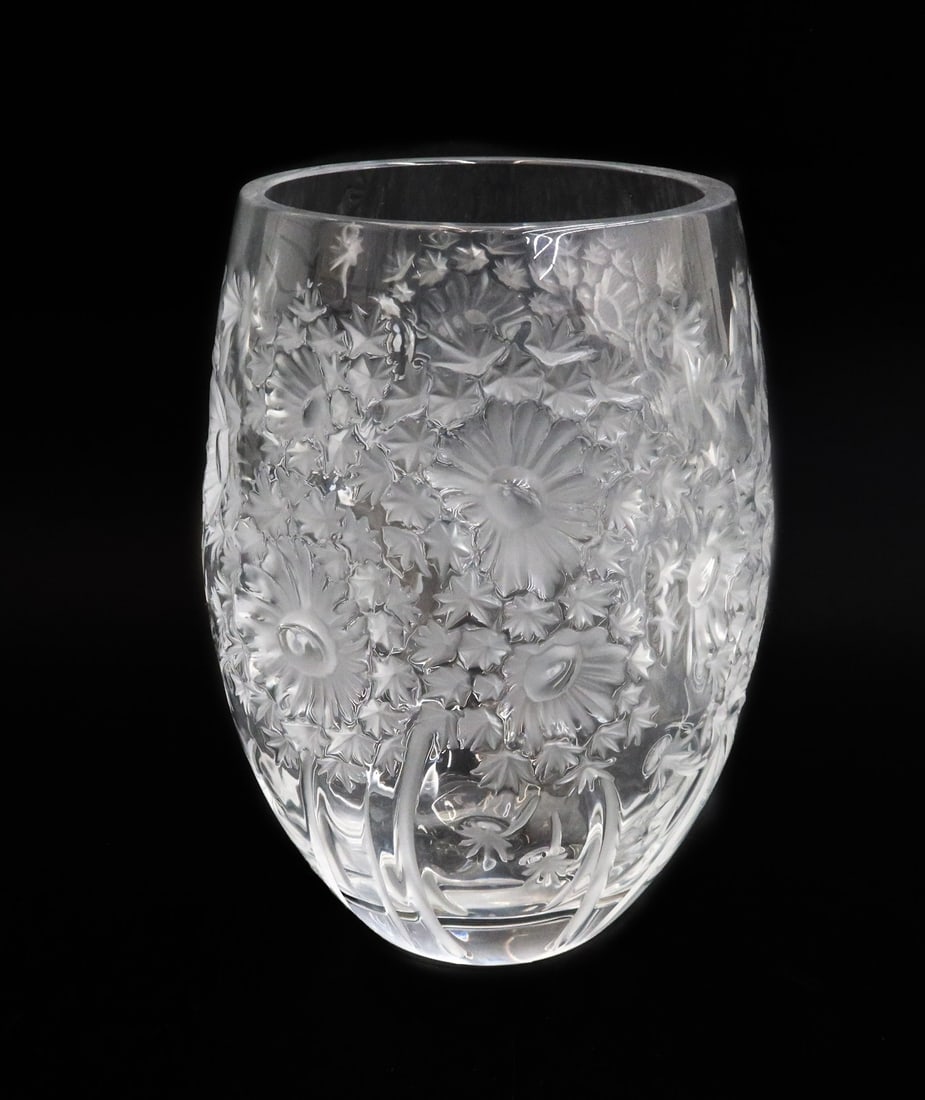 Lalique France Crystal Glass Vase in Bucolique Signed: Lalique France Crystal Glass Vase in Bucolique, Signed. Clear with etched flowers throughout. No Trim. Signed Lalique France to underside. Weight: Approx. 1 lb Measurements: Approx.5 inches diameter x