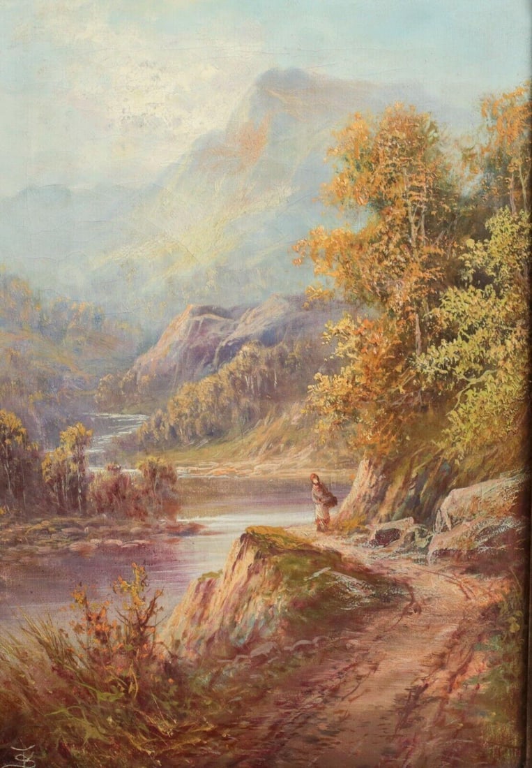 John Thomas Serres (British 1759 - 1825) Oil Painting on canvas Landscape c1870: John Thomas Serres (British, 1759-1825) Oil painting on canvas, c1870. Landscape by a river. Monogram JTS) lower left. In gilt wood frame. With gallery tag. 4 lb. Measurements: Approx. Painting 10.125