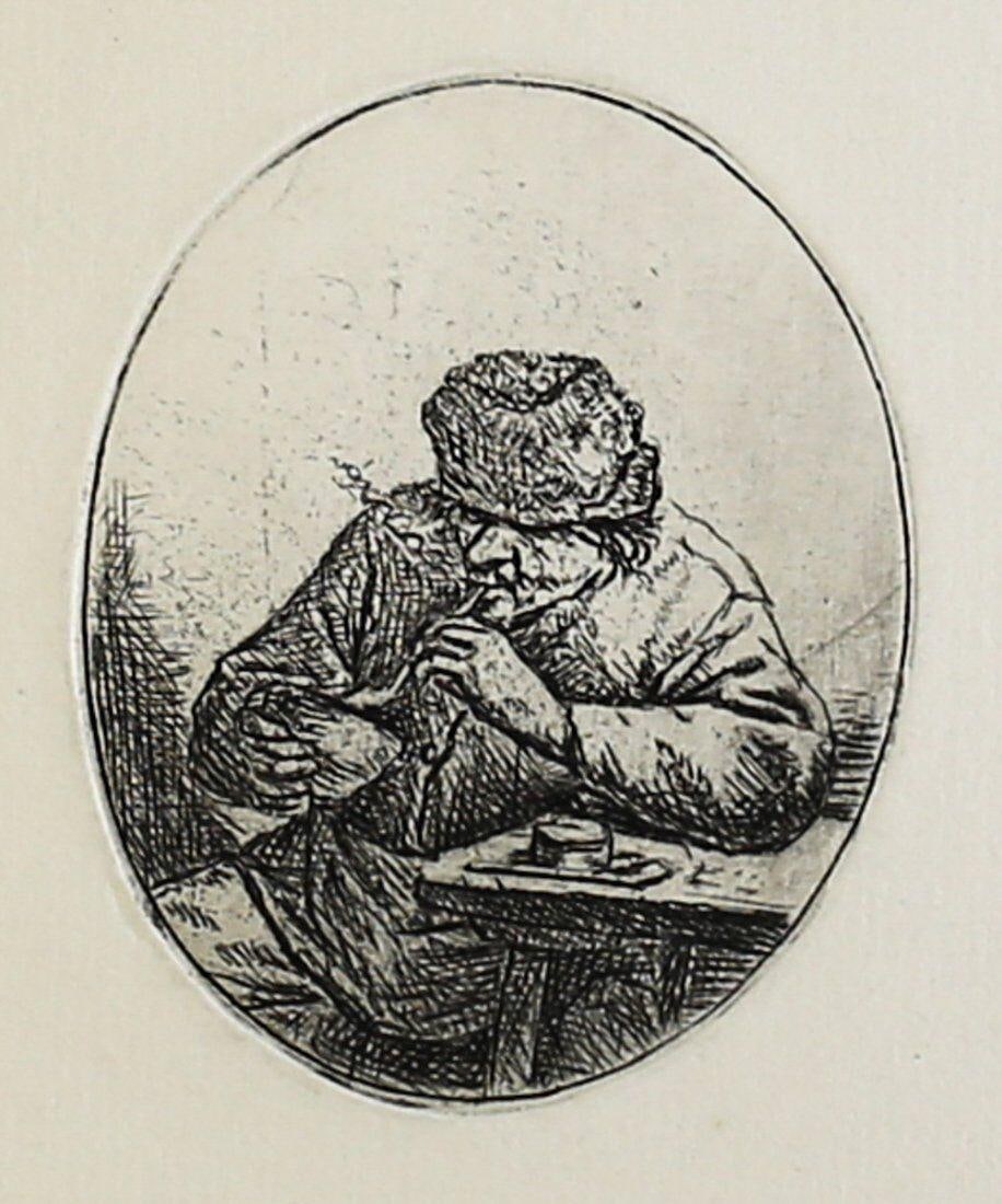 Adriaen Jansz Van Ostade Dutch 1610-1685 Etching Smoker Lighting Pipe: Van Ostade, Adriaen Jansz (Dutch 1610-1685) Black and white etching on paper, 'Smoker Lighting Pipe' No printing en verso. Notation on folder reads Second State. Weight: Approx. 0.5lbs inscribed in pe