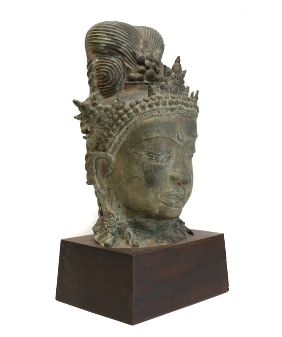 Large Bronze Head Fragment, Thai Buddhist Goddess, Tara / Guanyin Eyes downcast (1 of 5)