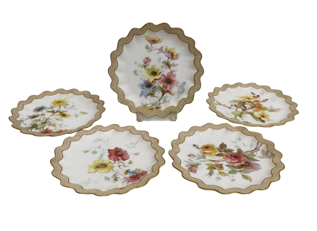 5 Royal Doulton Burslem England Hand Painted Porcelain Scallop Plates c1900: 5 Royal Doulton Burslem England hand painted porcelain scalloped plates, circa 1900. Hand painted pink and yellow flowers to center. Scallop rimmed edge with gilt and white enamel jewels. Royal Doulto