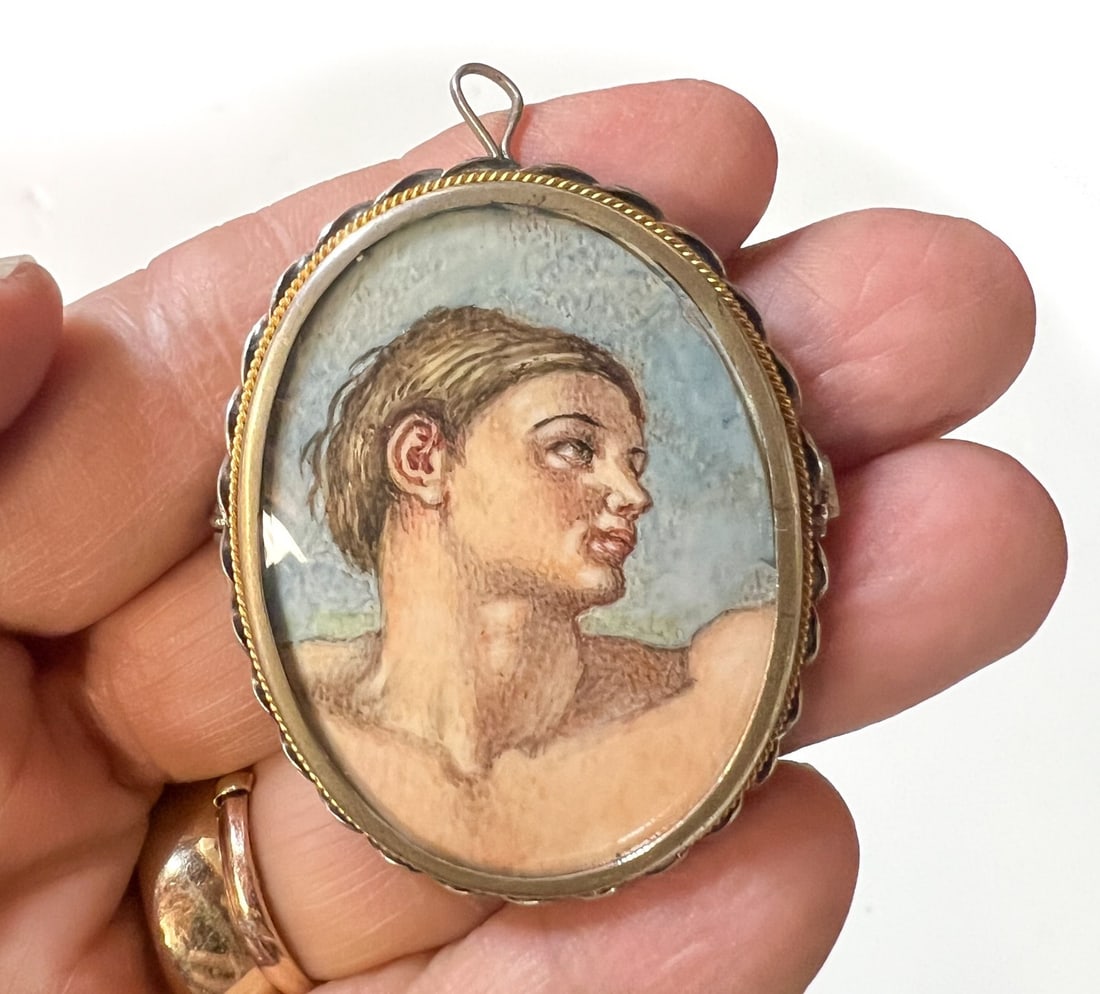 800 Silver hand painted Portrait Miniature Pendant Brooch c1930 (1 of 9)