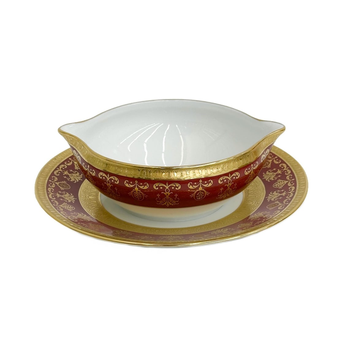 Raynaud Limoges France Gilt Porcelain Sauce Boat with Stand in Eugenie Rouge (1 of 6)