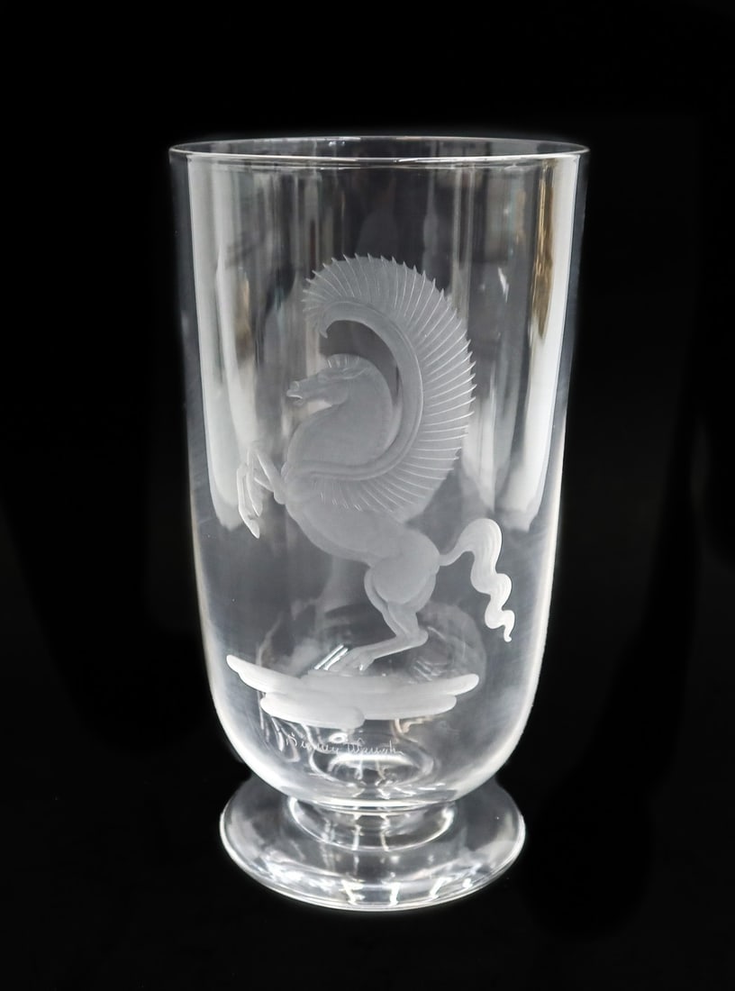Steuben Crystal Art Glass Pegasus Footed Vase by Sidney Waugh #8206 1937: Steuben Crystal Art Glass Pegasus Footed Vase by Sidney Waugh #8206. Designed by Sidney Waugh and depicted an engraved Pegasus horse rearing up on its hind legs. Marked Steuben to underside and dated 