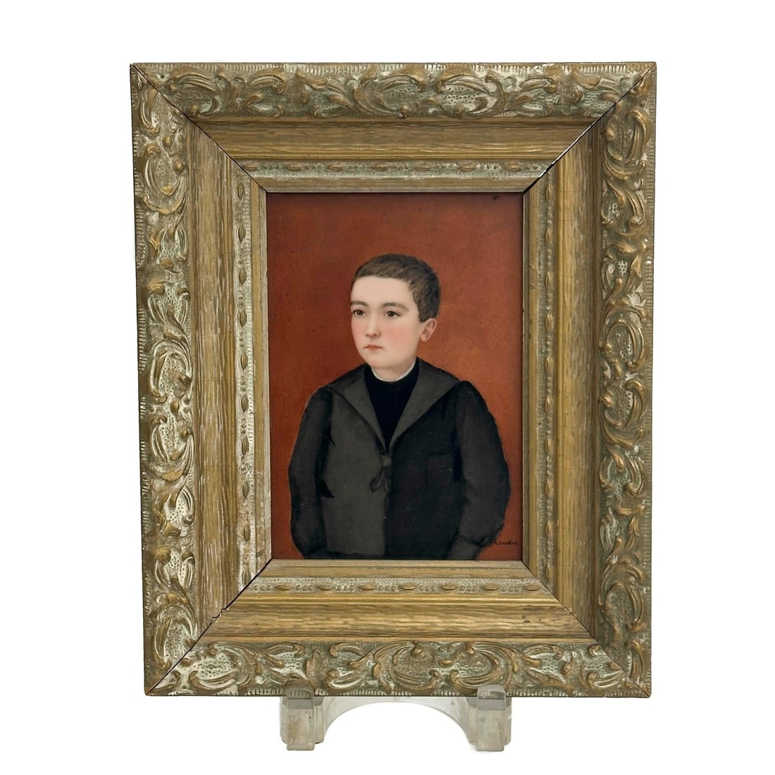 French Hand Painted Porcelain Portrait Plaque Boy Signed Framed early 20th cen (1 of 6)