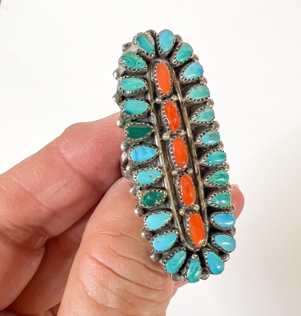 Vintage Zuni sterling silver ring petit point turquoise coral c1950 (1 of 6)
