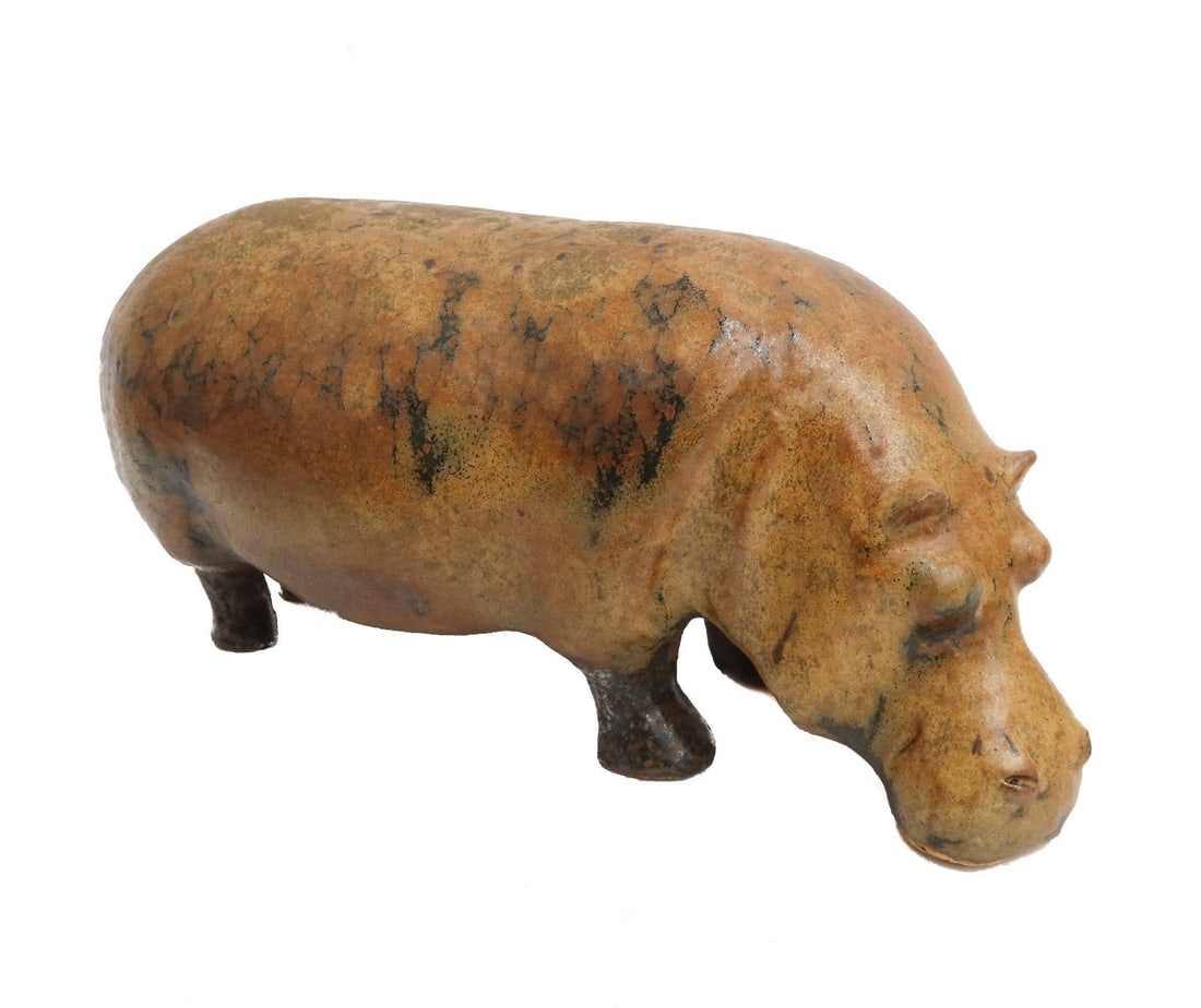 Loet Vanderveen (Dutch, 1921-2015) Ceramic Pottery Sculpture of a Hippopotamus: Loet Vanderveen (Dutch, 1921-2015) ceramic pottery sculpture of a hippopotamus. Matte and high polish glazed body with mottled brown over the chesnut brown base. Signed Loet to the underbelly. Weight:
