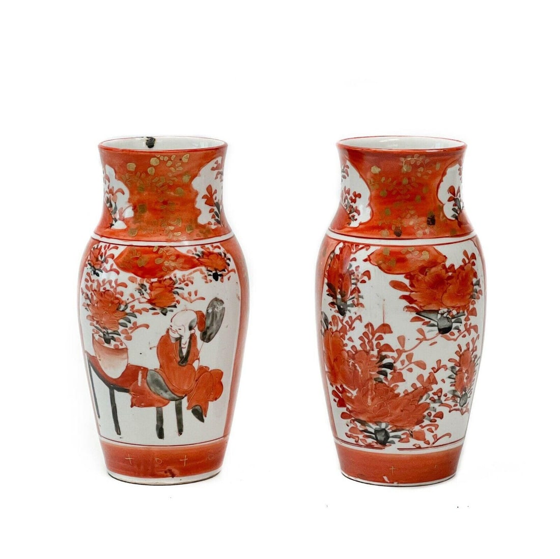 Pair Japanese Kutani Hand Painted Porcelain Vases Red Florals Gilt Accents: Pair Japanese Kutani hand painted porcelain vases, early 20th century. A rust red ground to the edges, panels to the body depicting florals to one side, and a seated figure admiring flowers to the oth