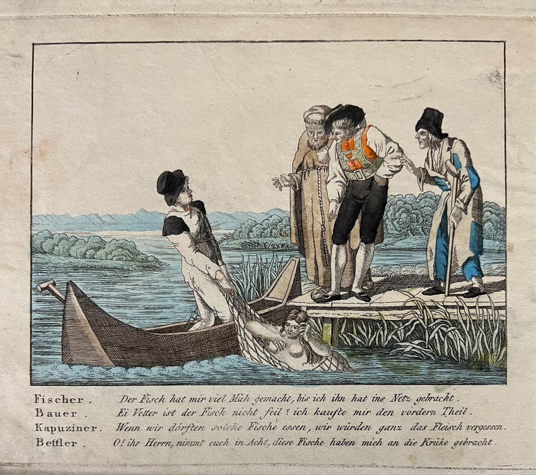 German Hand colored engraving 18-19th Century Fisherman and Mermaid: German Hand colored engraving, humorous, somewhat ribald encounter with a mermaid by a fisherman, farmer, capuchin monk and beggar. In paperboard folio. Unsigned, c18-19th century (5/24) Measurements: