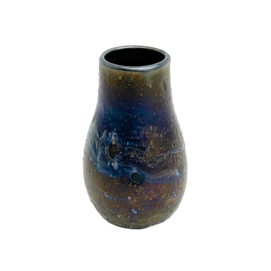 Charles Lotton Lava Cypriot Art Glass Vase Signed 1972: Charles Lotton Lava Cypriot Art Glass Vase. An iridescent blue textured ground, underside edge signed Lotton for Charles Lotton and dated 1972. Early Cypriot lava example. Weight: Approx. .5 lb Measur