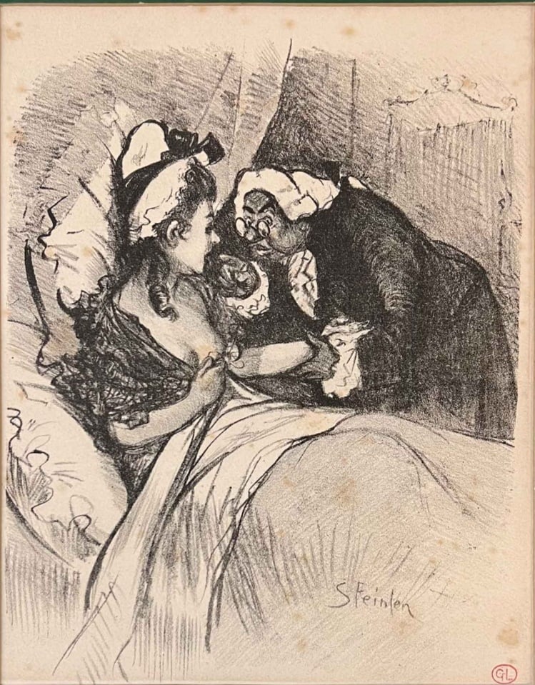 Theophile Alexandre Steinlen Lithograph Dame Jacinthe 1900: Théophile-Alexandre Steinlen (Swiss 1859-1923) Lithograph on wove paper, titled "Dame Jacinthe," 1900. Mounted behind a green mat board. Collector stamp lower right. (7/26) Measurements: Approx. shee