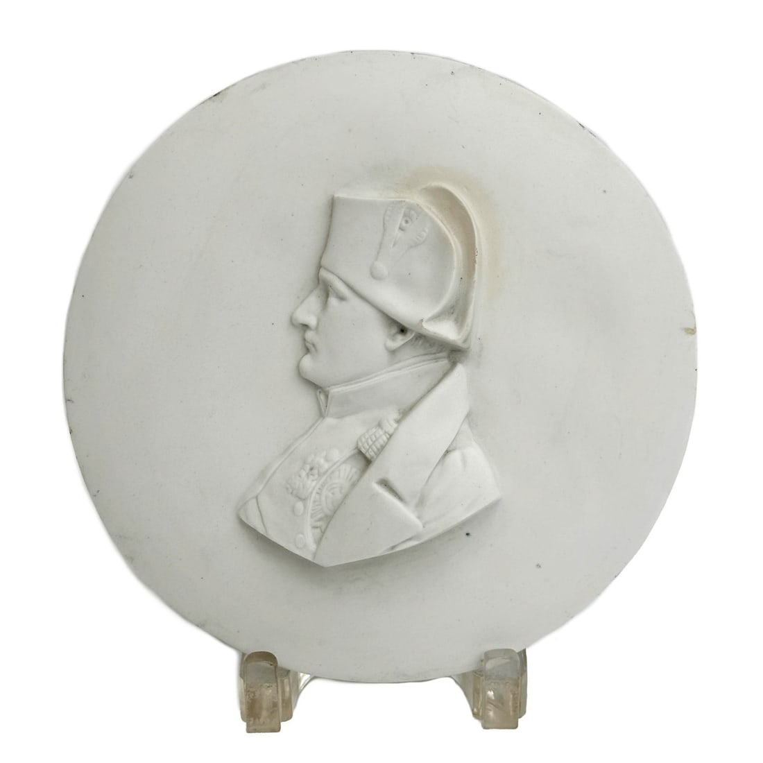 French Napoleon Relief Bisque Porcelain Round Plaque 19th century: French Bisque Porcelain Round Plaque, 19th century. Depicts a relief portrait of Napoleon in profile. Apparently unmarked. Weight: Approx. 2.5 lb Measurements: Approx. 8.75 inches diameter Condition: 