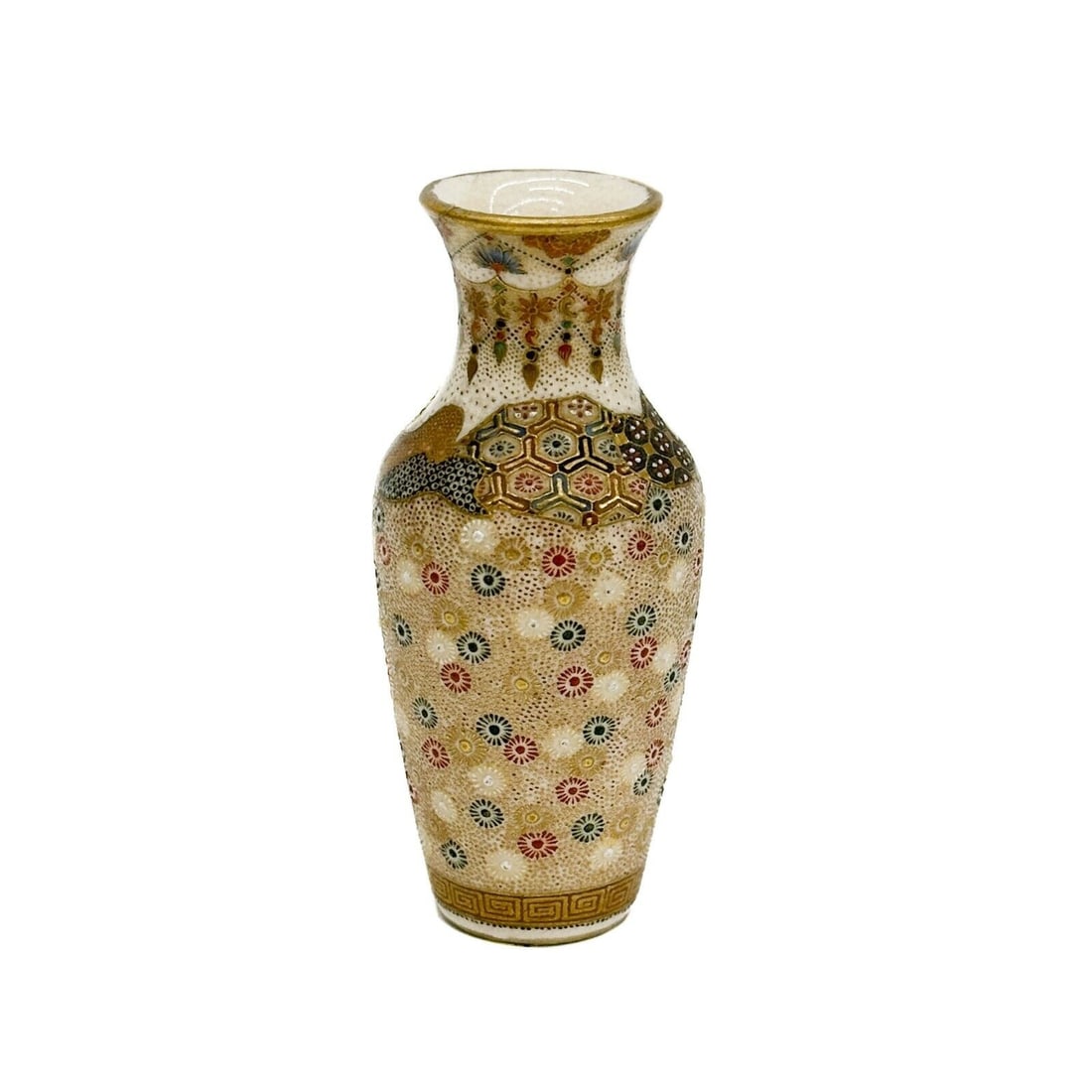Japanese Satsuma Japanese Hand Painted Enameled Miniature Porcelain Vase: Japanese Satsuma Japanese Hand Painted Enameled Miniature Porcelain Vase. Enameled floral decoration, gilt accents. Weight: Approx. less than .5 lb Measurements: Approx. 1 inch diameter x 2.375 inches