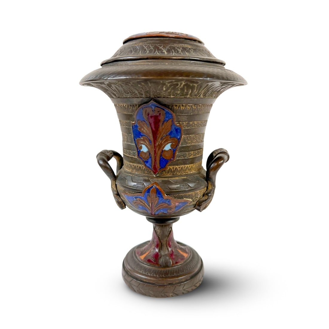Continental Empire Style Enamel on bronze urn: Continental Empire Style Enamel on bronze urn, dual handles, beautifully detailed floral and foliate motifs. Measurements: Approx. 6.5 inches height x 4 inches diameter Condition: Good condition, loss