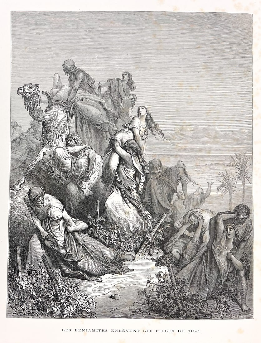 Gustave Dore Wood engraving Les Benjamites enlevent les filles de silo La Grande: Gustave Doré (1832–1883), Wood engraving on paper, title - Les Benjamites enlevent les filles de silo, Signed in plate, Dore on the lower left, J Gauchard lower right. Depicts the biblical scene fr