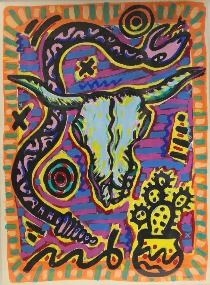 James Patrick Sasso (American 20-21st century) Acrylic on paper Longhorn: James Patrick Sasso (American 20-21st century) Acrylic on paper Untitled. Longhorn skull rattle snake and cactus. Signed lower right. C1990. 11Lbs Measurements: Approx. Sheet 22" x 30"; framed 26" x 3